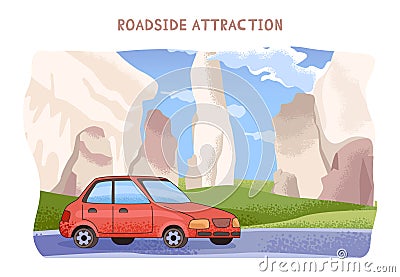 Couple road trip. Young man and woman going on vacation by a car. Vector Illustration