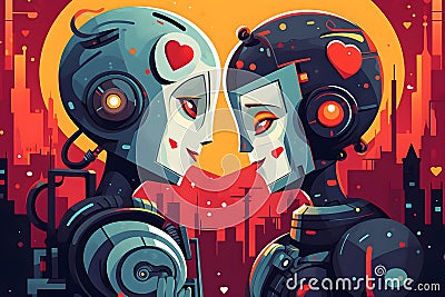 A couple of robots kissing in love Stock Photo