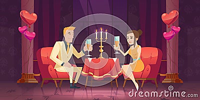 Man woman couple romantic date in restaurant. Vector Illustration