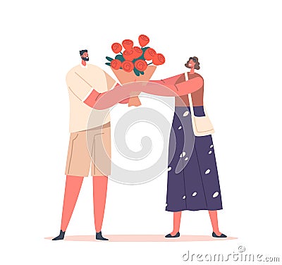 Couple Romantic Dating, Love, Gift to Sweetheart Concept. Man Gives Present to Happy Girlfriend. Cute Girl Get Bouquet Vector Illustration