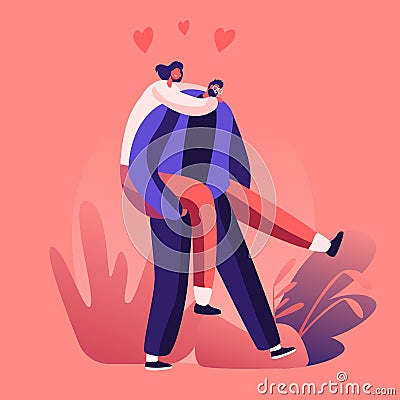 Couple Romantic Relations and Lifestyle. Man Riding Woman on Back. Happy Lovers Having Outdoors Dating Vector Illustration