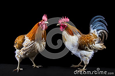 Couple of roosters standing next to each other on black background. Generative AI Stock Photo