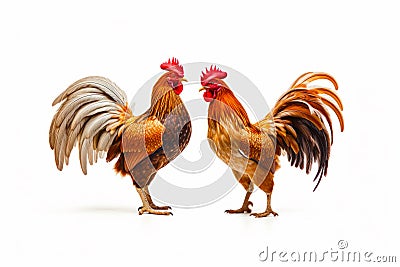 Couple of roosters standing next to each other on white background. Generative AI Stock Photo