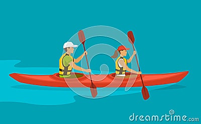 Couple Rowing Paddling in double Kayak Vector Illustration