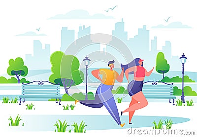 Man and woman characters running in the park. Happy active people doing workout outside. Vector Illustration