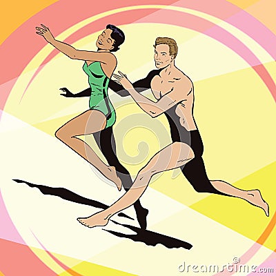 Couple running on the beach. People in retro style. Vector Illustration