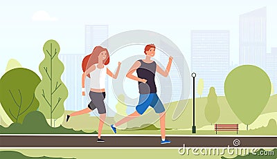 Couple running. Happy smiling guys jogging together outdoor summer park young friends training active fitness lifestyle Vector Illustration