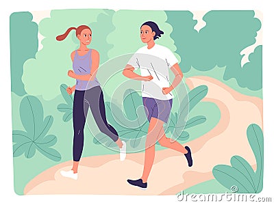 Couple running through the park. A group of young people jogging outdoors Vector Illustration