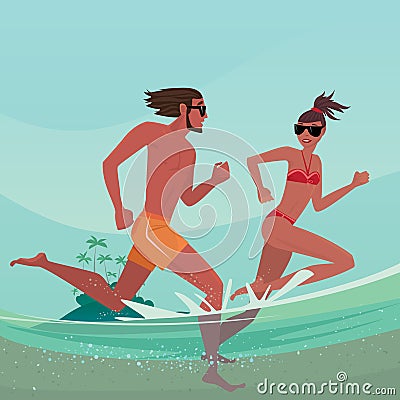 Couple running in shallow water Vector Illustration