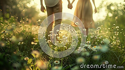 Couple's Springtime Reverie in Nature's Embrace in love holding hands Stock Photo
