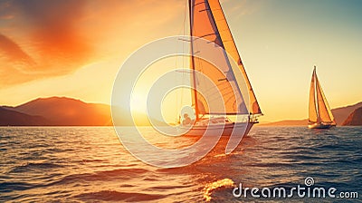 A couple of sailboats floating on top of a body of water. Generative AI image. Stock Photo