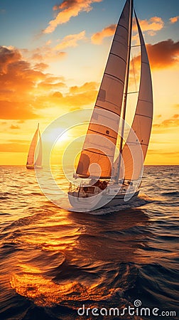 A couple of sailboats floating on top of a body of water. Generative AI image. Stock Photo