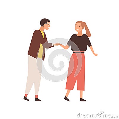 Couple saying goodbye flat vector illustration. Young girl trying to escape from annoying boyfriend. Nerdy looking guy Vector Illustration