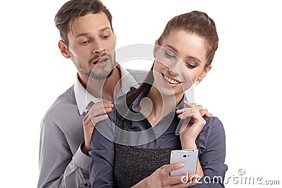 Couple and secret message on cell phone. Stock Photo