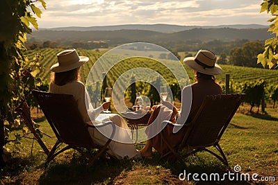 A couple is seen sitting at a table in a field, taking advantage of the beautiful surroundings and enjoying the outdoors, A Stock Photo