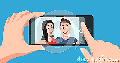 Couple selfie. Romantic self portrait, young friends taking selfie photo cartoon vector illustration Vector Illustration