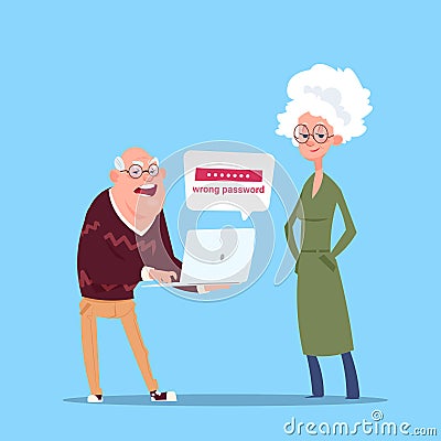 Couple Senior People Using Laptop Computer Modern Grandfather And Grandmother Full Length Vector Illustration