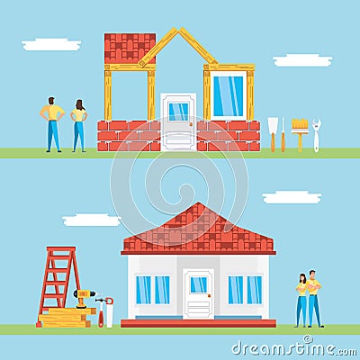 couple with set of facades houses under construction Cartoon Illustration