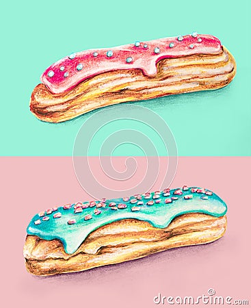 A couple set of traditional French desserts: cute yummy sweet hand-drawn eclair cakes on pink and mint. Good for cafe or Stock Photo