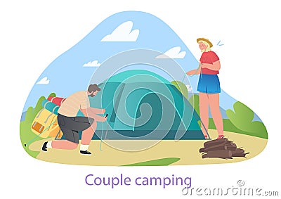 Couple sets up tent concept Vector Illustration