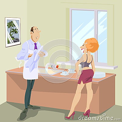 Couple sharing household chores. Happy woman watching man washing dishes. Funny people Vector Illustration