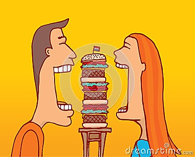 Couple sharing a huge hamburger Vector Illustration