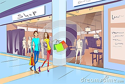Couple Shopping Man and Woman Walking with Bags Vector Illustration