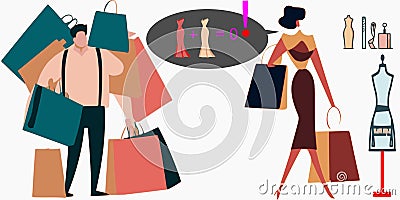 Couple shopping man overburdened lady not satisfied yet vector graphics illustration Cartoon Illustration