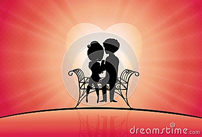 Couple silhouette in love sitting on a bench, Valentine's Day Vector Illustration