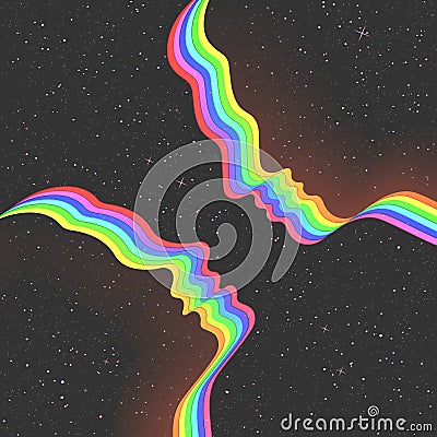 Couple silhouette in space. Abstract human faces outline. LGBT rainbow Vector Illustration