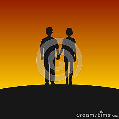 Couple Silhouettes on Sunset Background. Vector Illustration