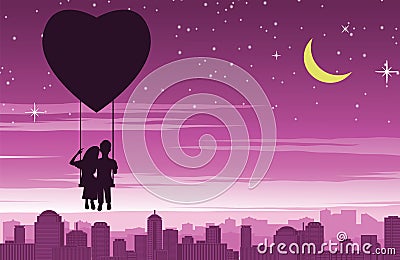 Couple sit on swing that float by heart shape balloon above the city,concept art mean love make people happy like fly in sky Vector Illustration