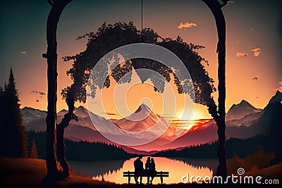 Couple sitting on a bench by the lake at sunset, vector illustration Cartoon Illustration
