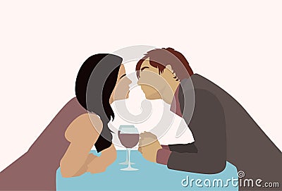 Couple Sitting Cafe Table Drink Wine Kiss Romantic Date Vector Illustration
