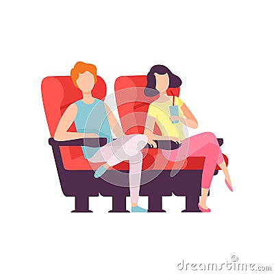 Couple Sitting in Cinema Theatre and Watching Movie, Young Man and Woman Looking at Projection Screen in Cinema Hall Vector Illustration