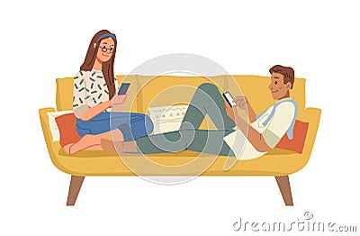 Smartphone addiction of couple at home Vector Illustration