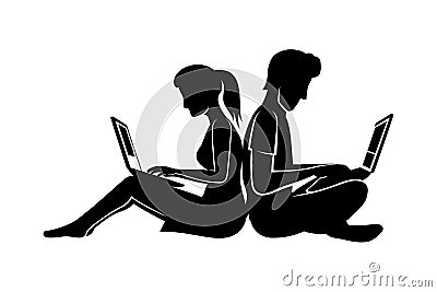 Couple sitting with laptops. Vector Illustration