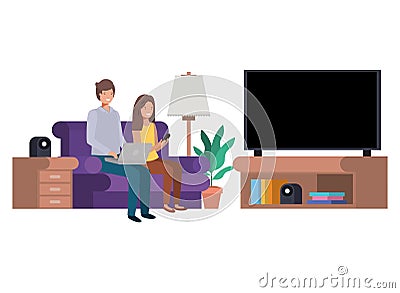Couple sitting in the living room with laptop Vector Illustration