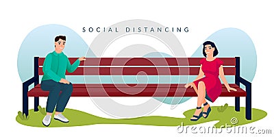 Couple sitting with social distancing on bench in park. Vector illustration. New normal distance in public place concept Vector Illustration