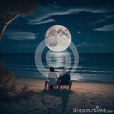 Couple sitting together enjoying the romantic view of the moonlight at a beautiful beach Generative AI Stock Photo