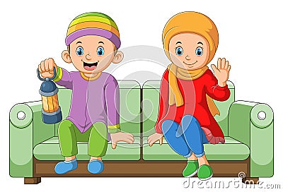 The couple is sitting together in the ramadan night Vector Illustration