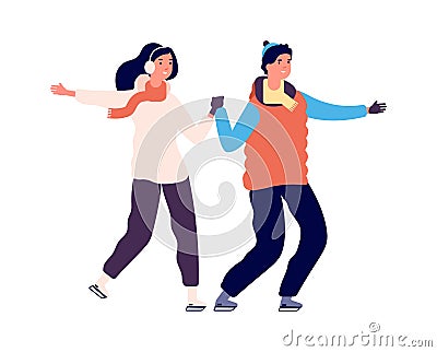 Couple skating. People on ice, winter outdoor activities. Happy sport man woman, active holiday dating vector Vector Illustration