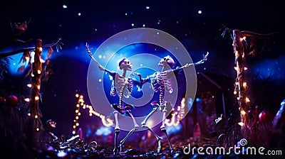 Couple of skeletons dancing in front of night sky with stars and lights. Generative AI Stock Photo