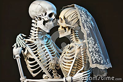 Couple of skeletons dressed up in wedding attire Generative AI Stock Photo