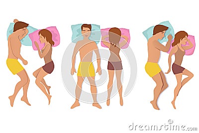 Couple sleeping poses. Man and woman resting and dreaming positions vector illustration Vector Illustration