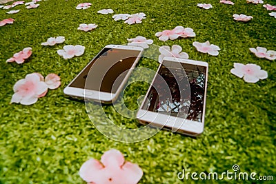 A couple smartphone on the ground Stock Photo