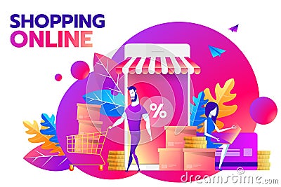 A couple and smartphone with percent discount icon on the screen. Smart retail, retail mobility solutions and smart city Vector Illustration