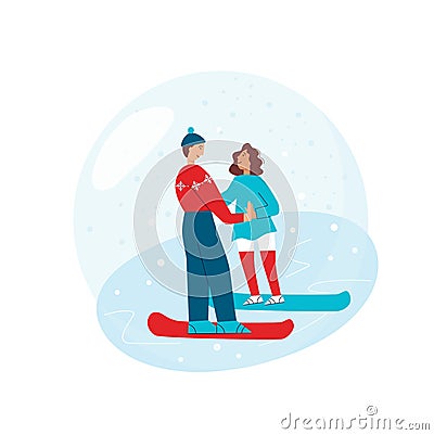 Couple of snowboarders adult, boy and girl in winter illustration. Vector stock illustration isolated on white Vector Illustration