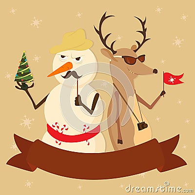 Couple snowman deer hipsters new Year fir-tree hol Vector Illustration