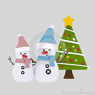 Couple snowman and Xmas tree. 3D Cartoon Illustration